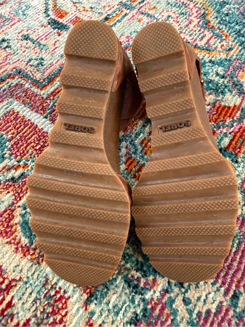 Sorel Joanie II Ankle Strap Wedge Sandals in camel/brown distressed leather. - Picture 6 of 6